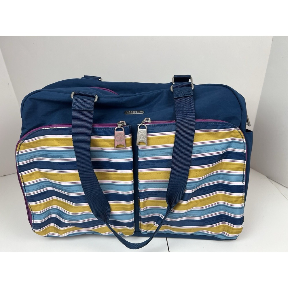 Baggallini Duffel Tote Travel Bag Blue Yellow Stripes NO SHOULDER STRAP